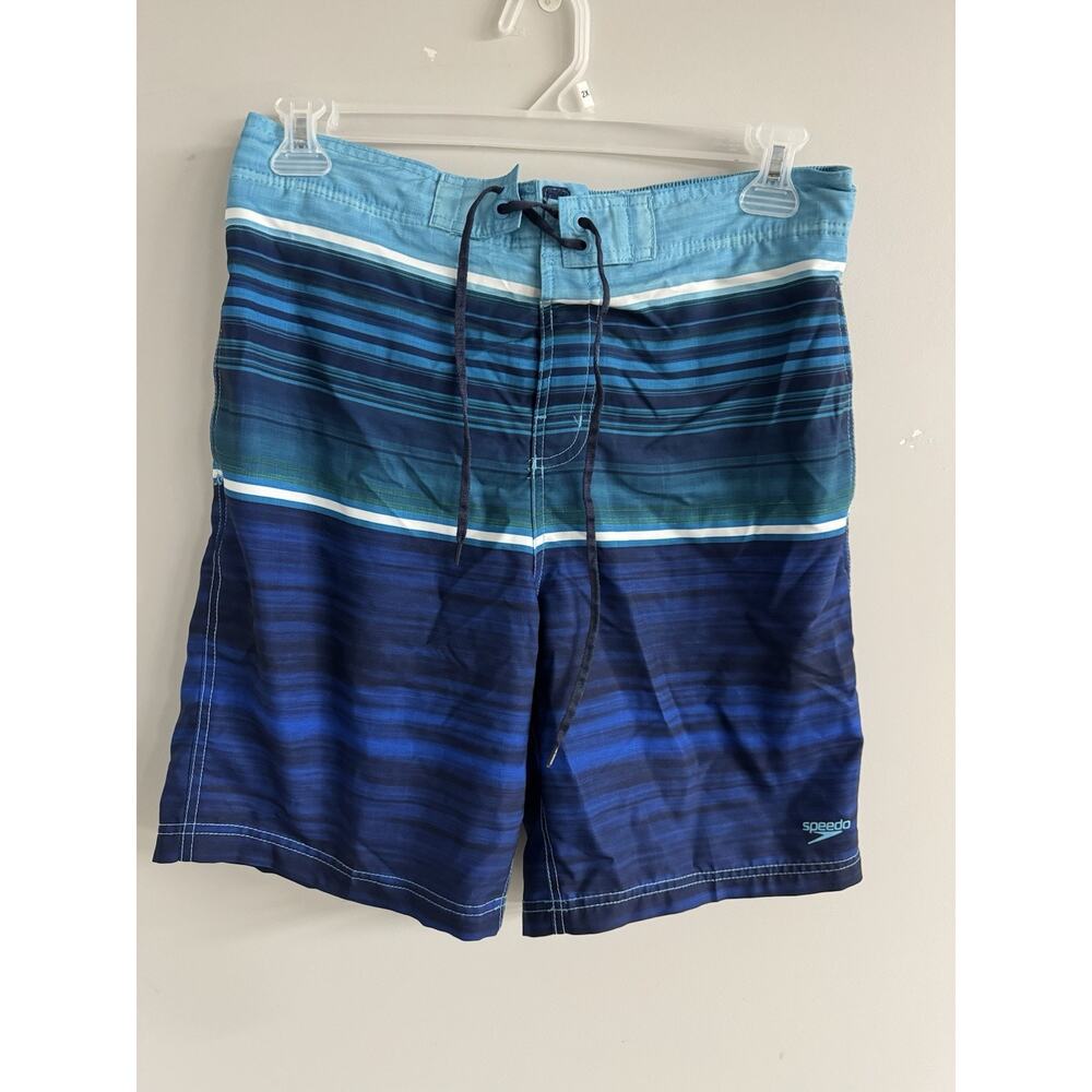 Speedo Mens Swim Trunks Large Mesh Lined Side Pockets Blue Striped Beach